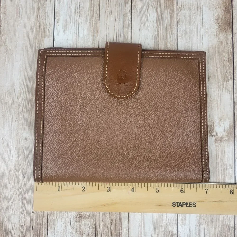 Vintage Trussardi Brown Leather Bifold Wallet with Checkbook Sleeve Portmanteau